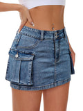 VIHTVIWE Women Denim Cargo Skirt Mini Low Waist Button Bodycon Y2K Flap Pockets Skirts