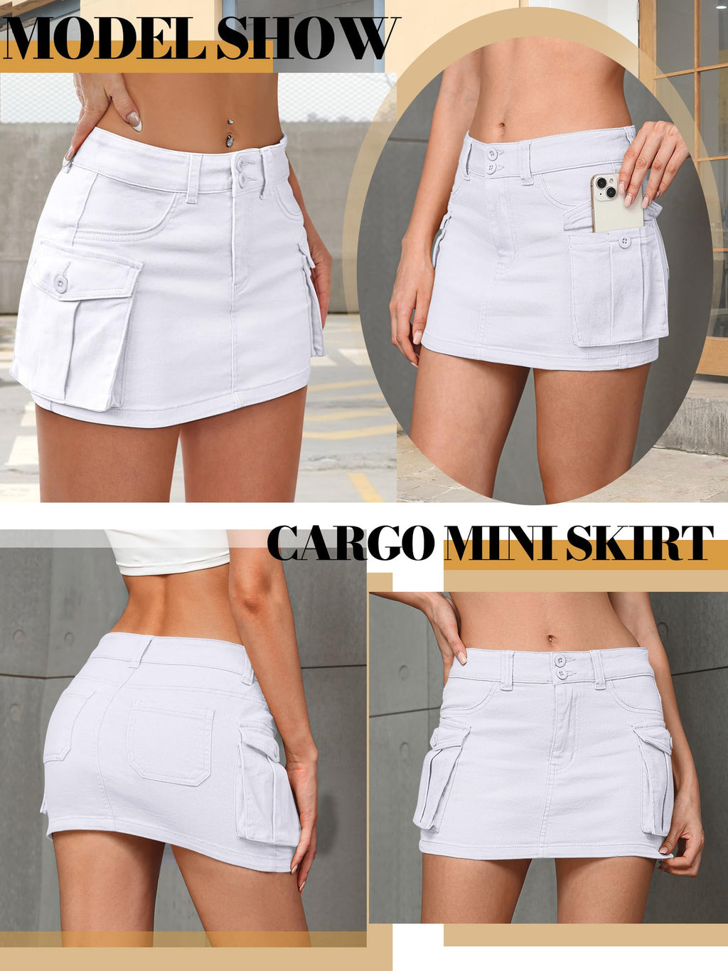 VIHTVIWE Women Denim Cargo Skirt Mini Low Waist Button Bodycon Y2K Flap Pockets Skirts