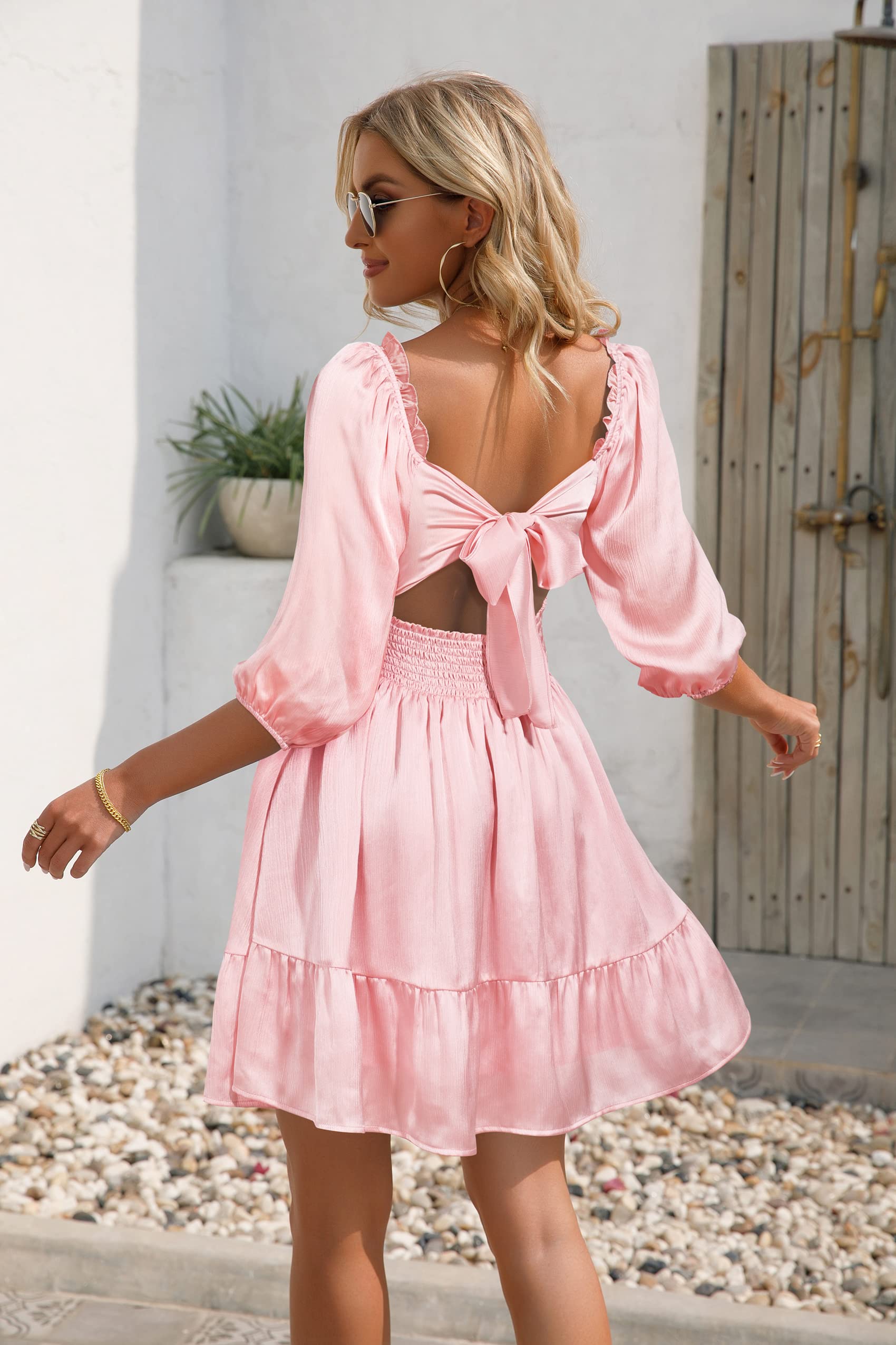 VIHTVIWE Womens Tie Back Summer Dress Square Neck Long Lantern Sleeve Off Shoulder A-Line Casual Mini Dresses